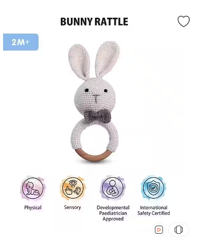 Intellibaby Crochet & Wood Bunny Rattle Level 1 - White