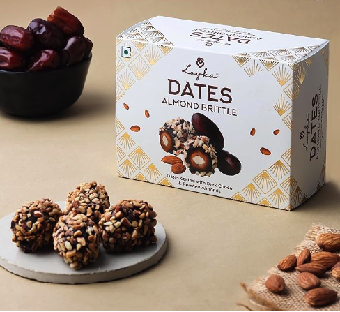 LOYKA Almond Brittle Dates-10 Pc Crunchy Dates Coated With Dark Choco & Roasted Almond Gift Hamper Morning Or Evening Snack